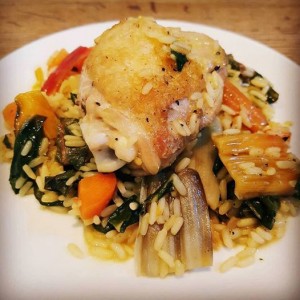 Chicken thighs, Rainbow Chard and Rice